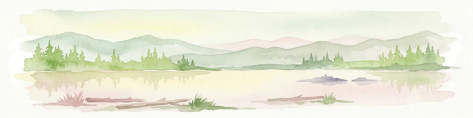 Watercolor illustration of a mountain lake with forests, distant mountains, and calm water reflecting the scenery