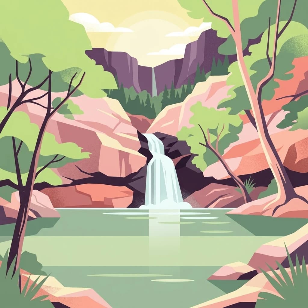 Ilustración de una cascada cayendo en una poza de agua con acantilados rocosos y árboles al fondo
