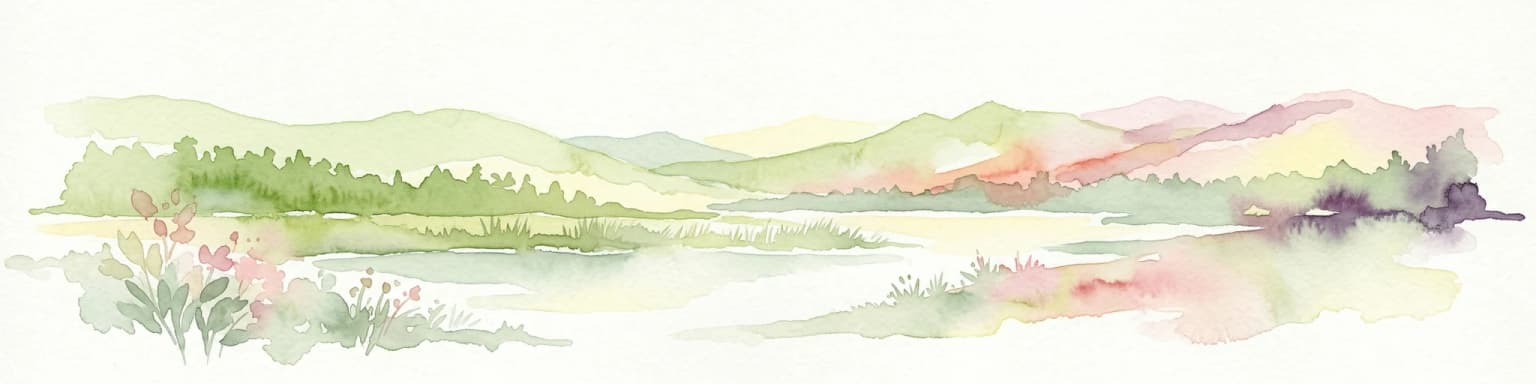 Pintura en acuarela que muestra un lago, montañas, árboles y flores