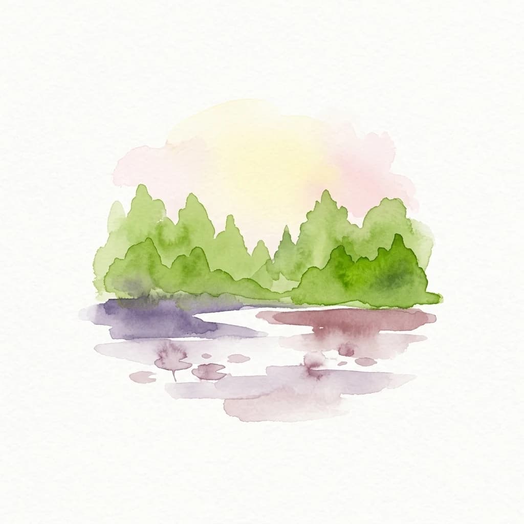 Watercolor painting of green trees, calm lake with lily pads, and pink-yellow sky