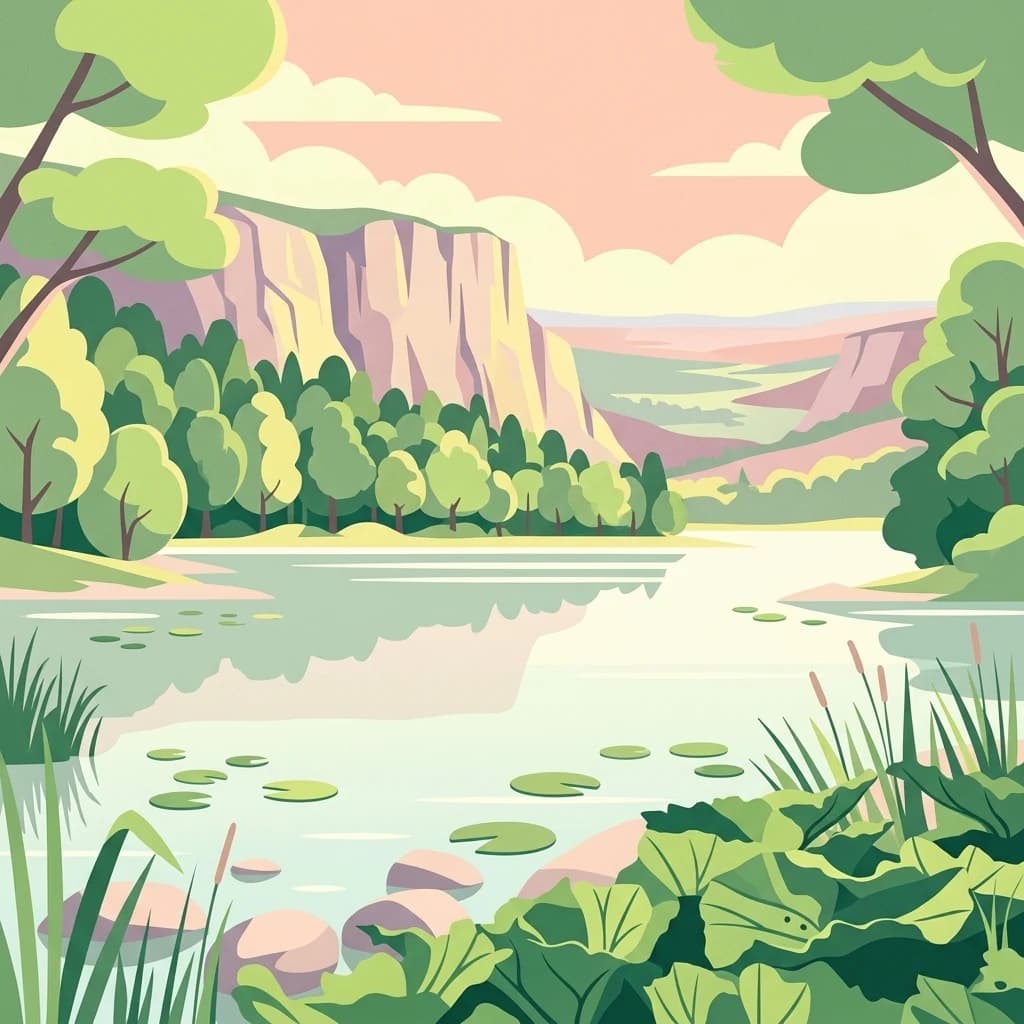Illustration of a lake with water lilies surrounded by forested hills and cliffs under a pinkish sky