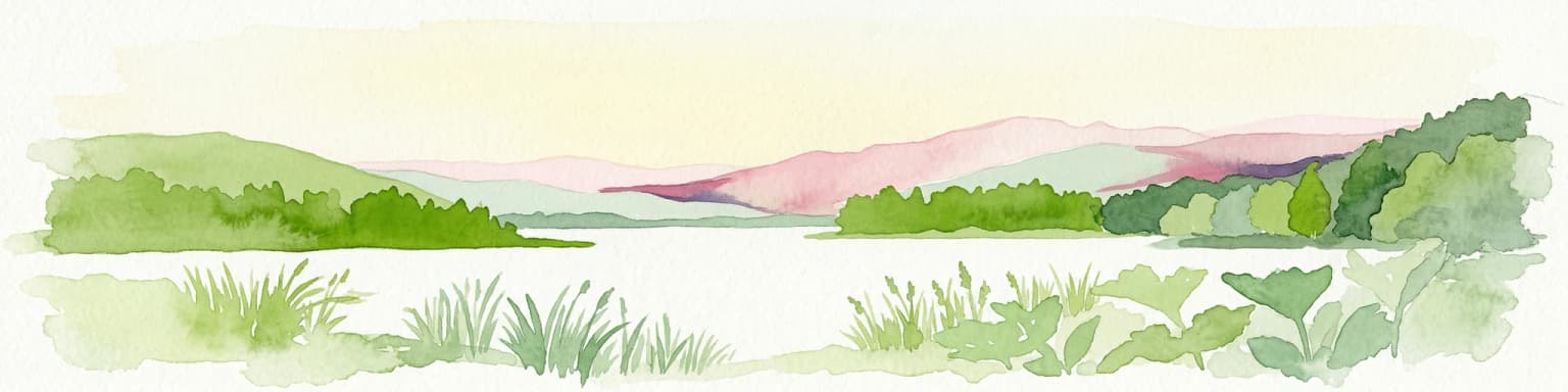 Watercolor illustration of green hills, a body of water, and vegetation