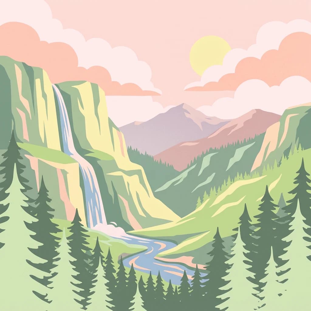 Illustration of mountain landscape showing waterfall, river, pine trees, and mountains under a pink sky