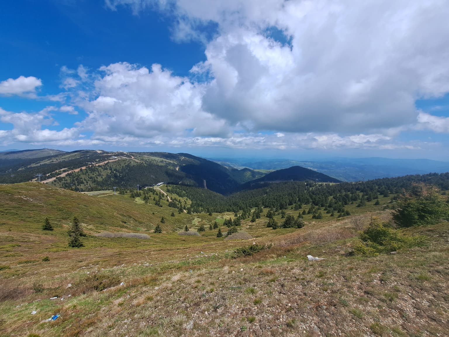 Grassy hillside with scattered trees, rolling mountains, and distant valleys under a blue sky with large white clouds