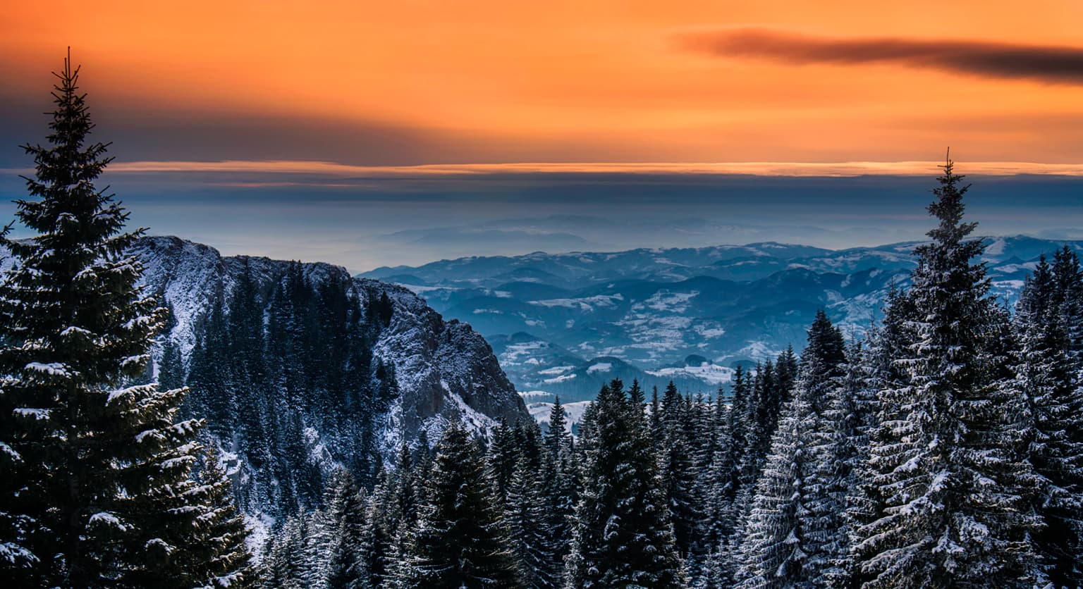 Snow-covered pine trees with mountain ranges visible under an orange sunset sky
