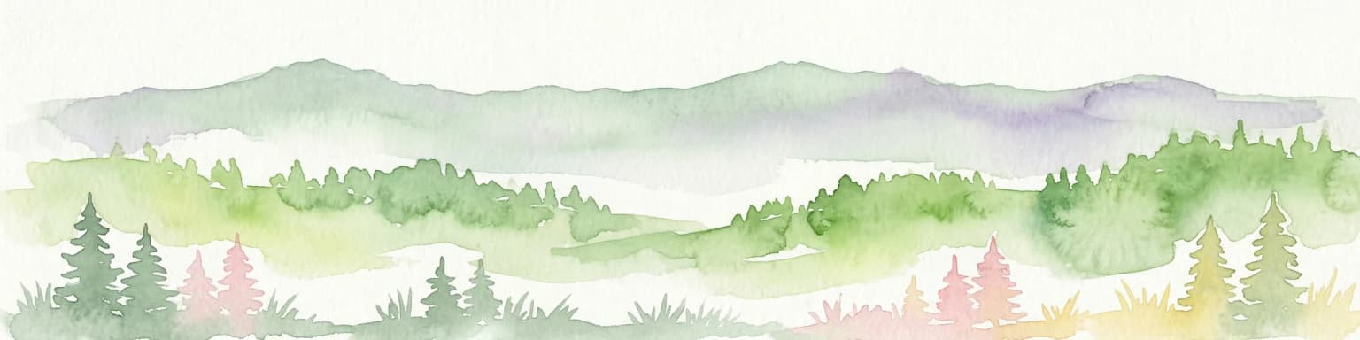 Watercolor illustration of mountainous landscape with forests and distant hills