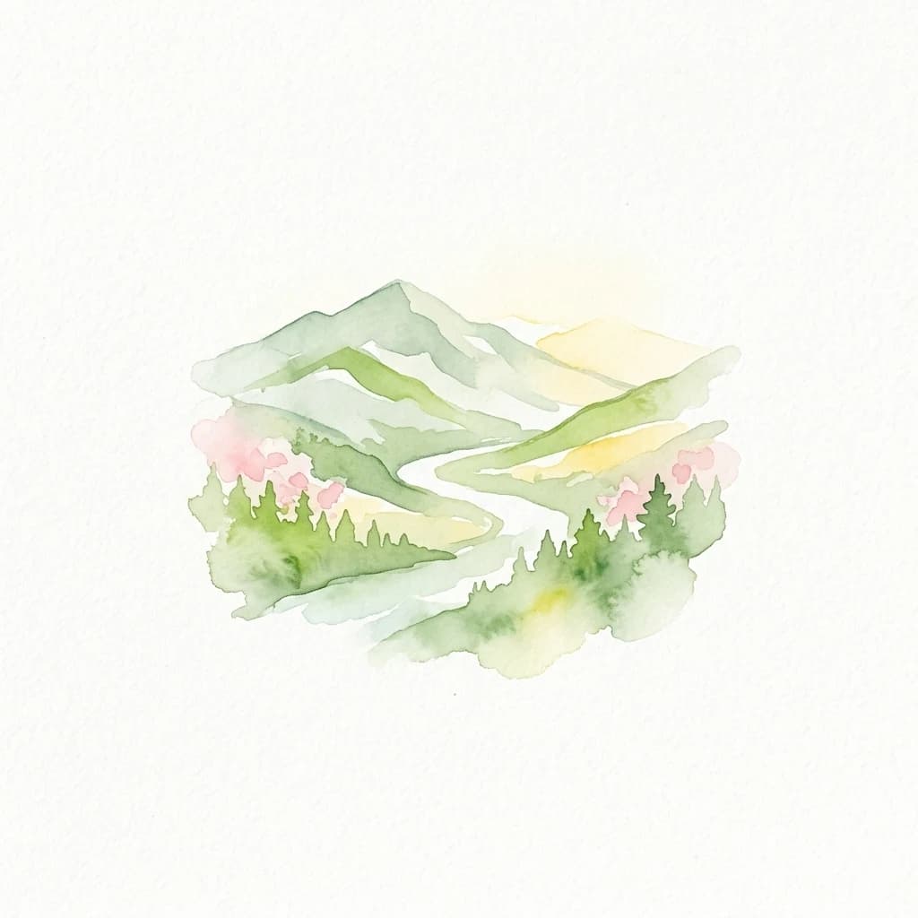 Watercolor painting showing green mountains, a winding river, and pink-flowered trees