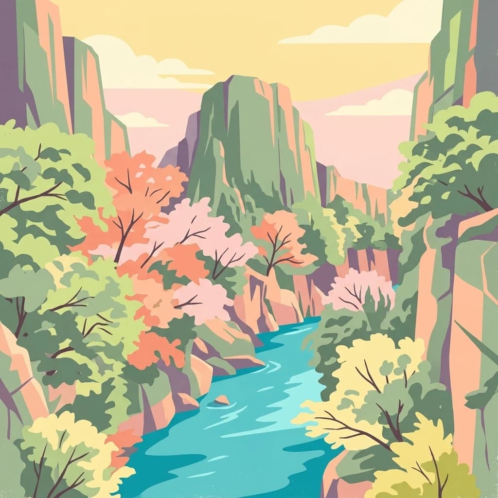 Stylized illustration of a canyon with a blue river, green and autumn-colored trees, and rocky cliffs under a yellow sky