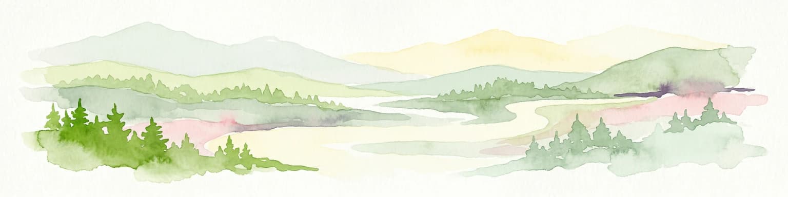 Watercolor illustration of a mountainous landscape with a river, trees, and a colorful sky