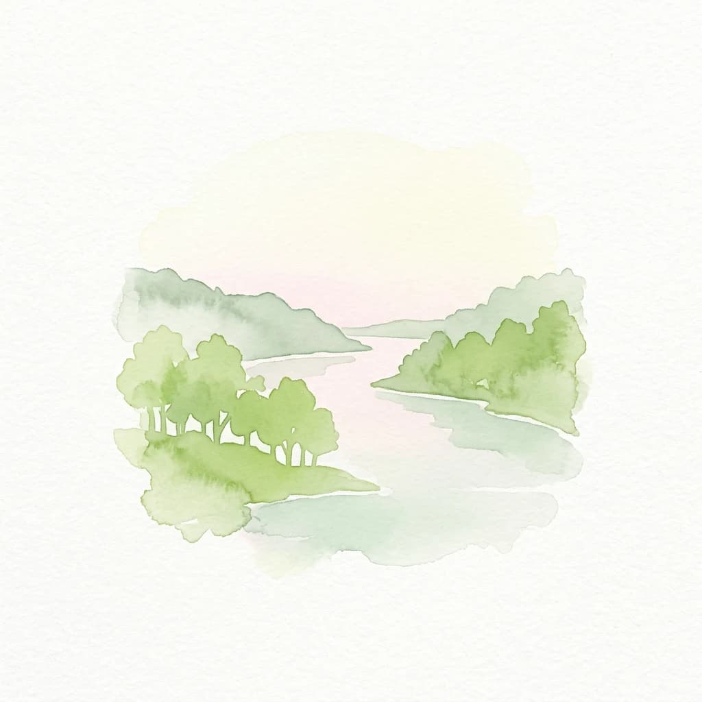 Ilustración en acuarela de un río fluyendo a través de un paisaje con árboles verdes y colinas bajo un cielo pálido
