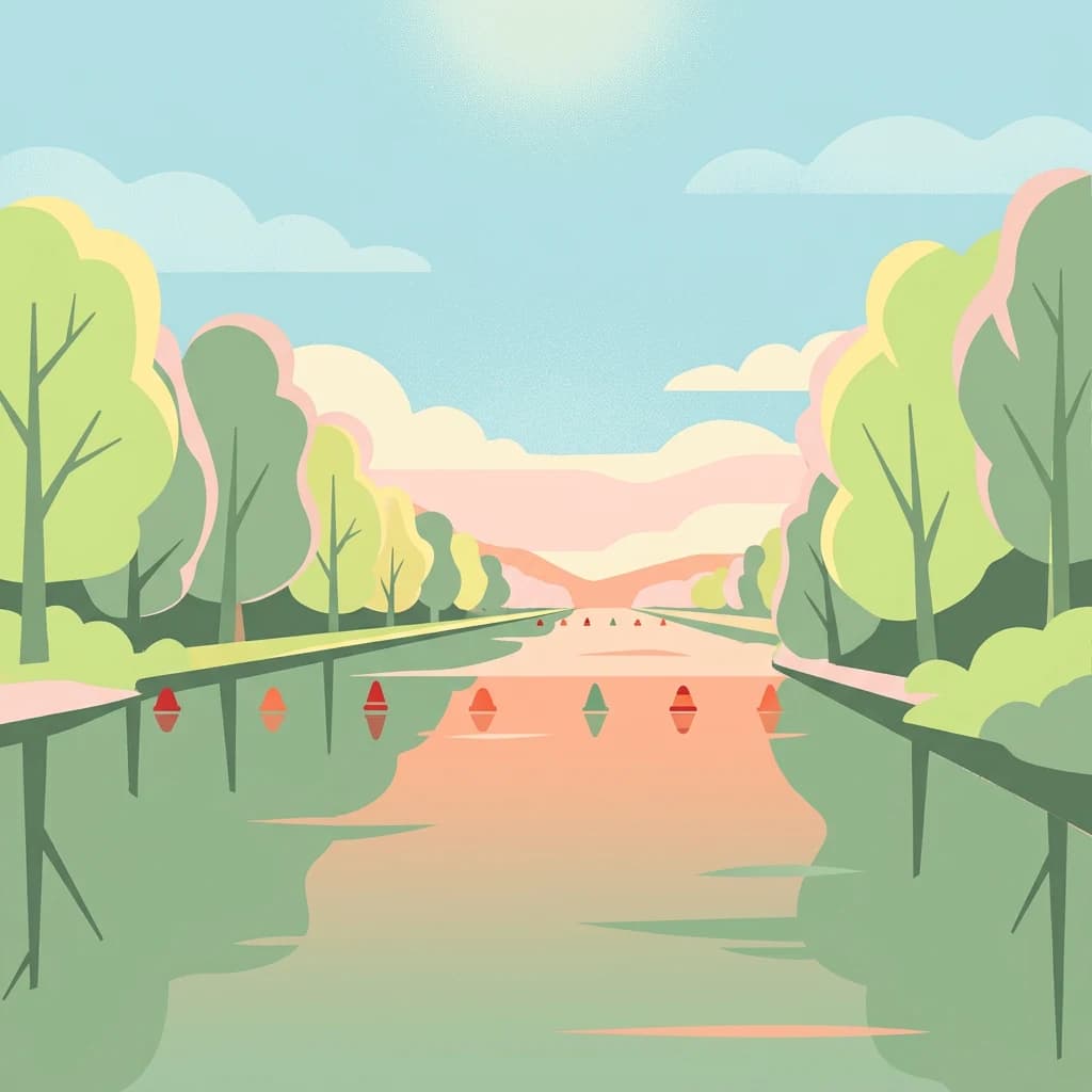 Illustration of a river flanked by green trees with small red and green markers floating on the water