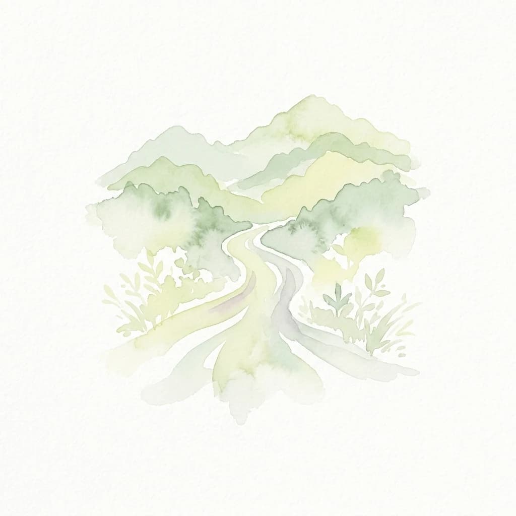 Ilustración en acuarela de un sendero sinuoso a través de un paisaje boscoso con árboles y follaje