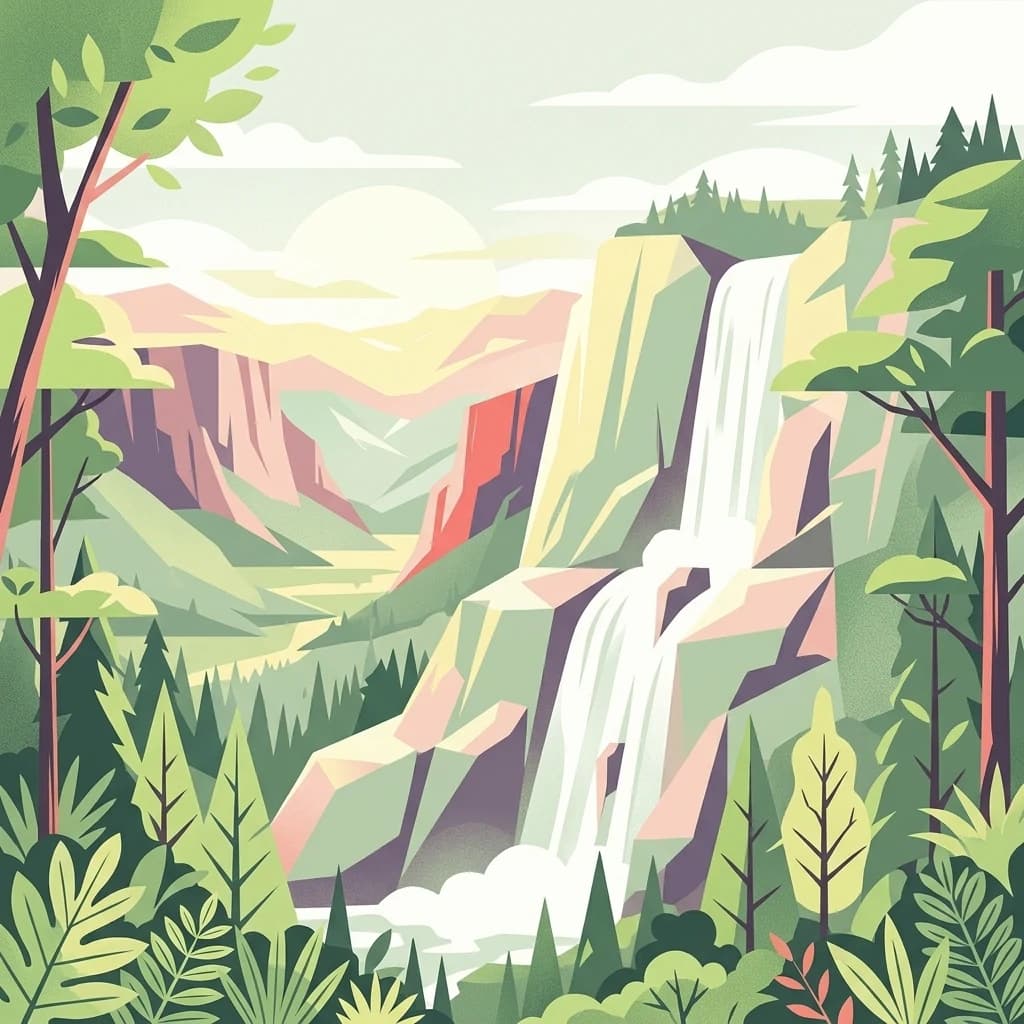 Ilustración estilizada de una cascada cayendo sobre acantilados rocosos en un paisaje boscoso exuberante con montañas al fondo