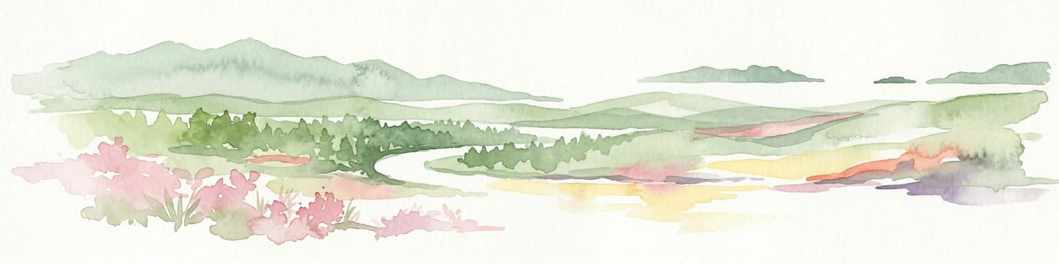 Ilustración en acuarela de un paisaje boscoso con plantas de flores rosadas, un río sinuoso y cordilleras al fondo
