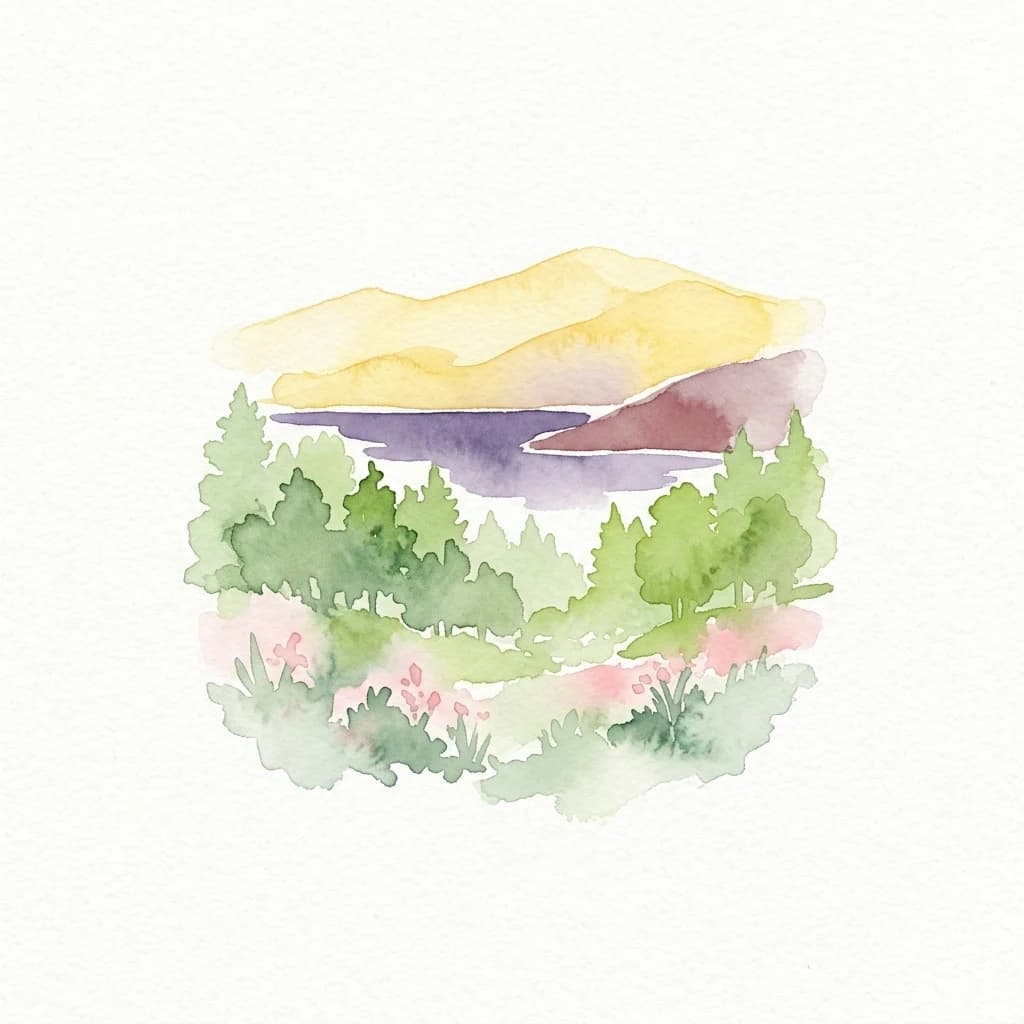 Watercolor depiction of mountains, a lake, green forest, and pink wildflowers