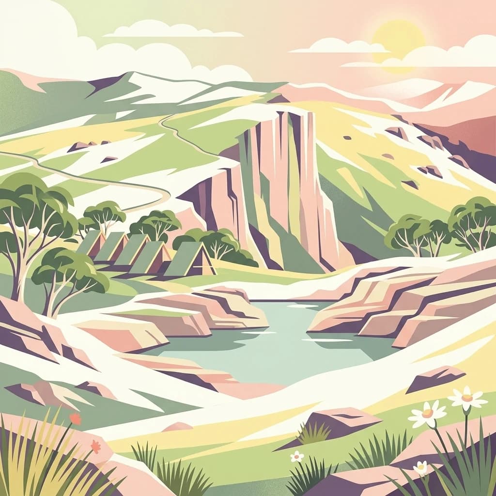 Paisaje montañoso ilustrado con acantilados rocosos, un lago, tiendas de campaña, árboles y flores