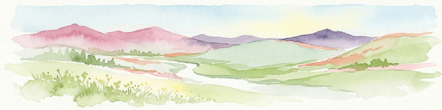 Pintura de acuarela que muestra montañas, campos y un río