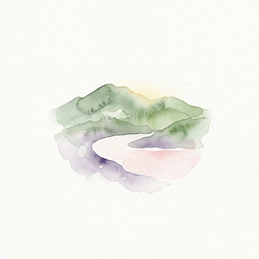 Watercolor illustration of a mountainous landscape with a body of water