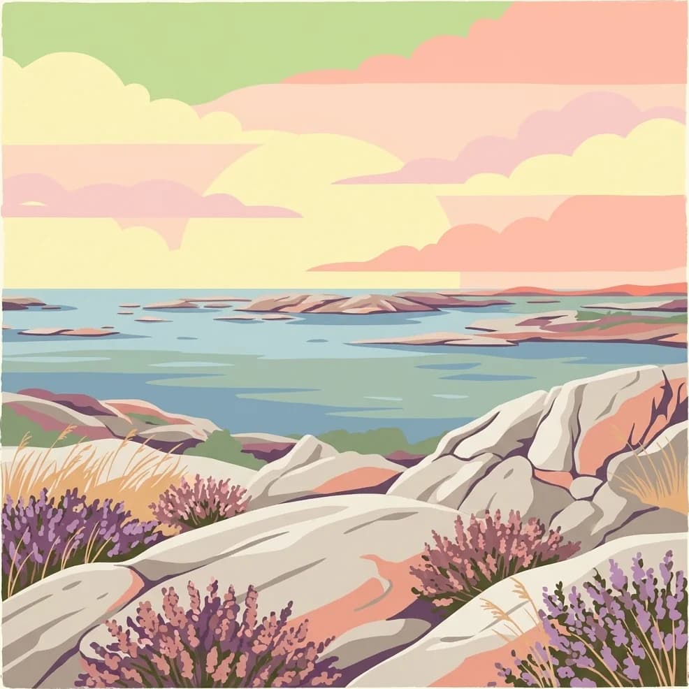 Stylized illustration of rocky coastline with lavender flowers, sea, and distant islands under a pastel sky