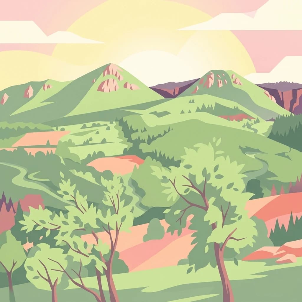 Illustration of green rolling hills, mountains, and trees under a pastel sky with a setting sun