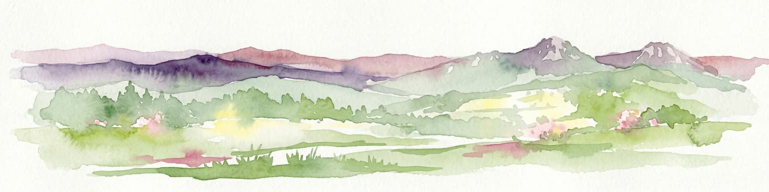 Watercolor illustration showing layered mountains, green valleys, and a body of water with soft color gradients