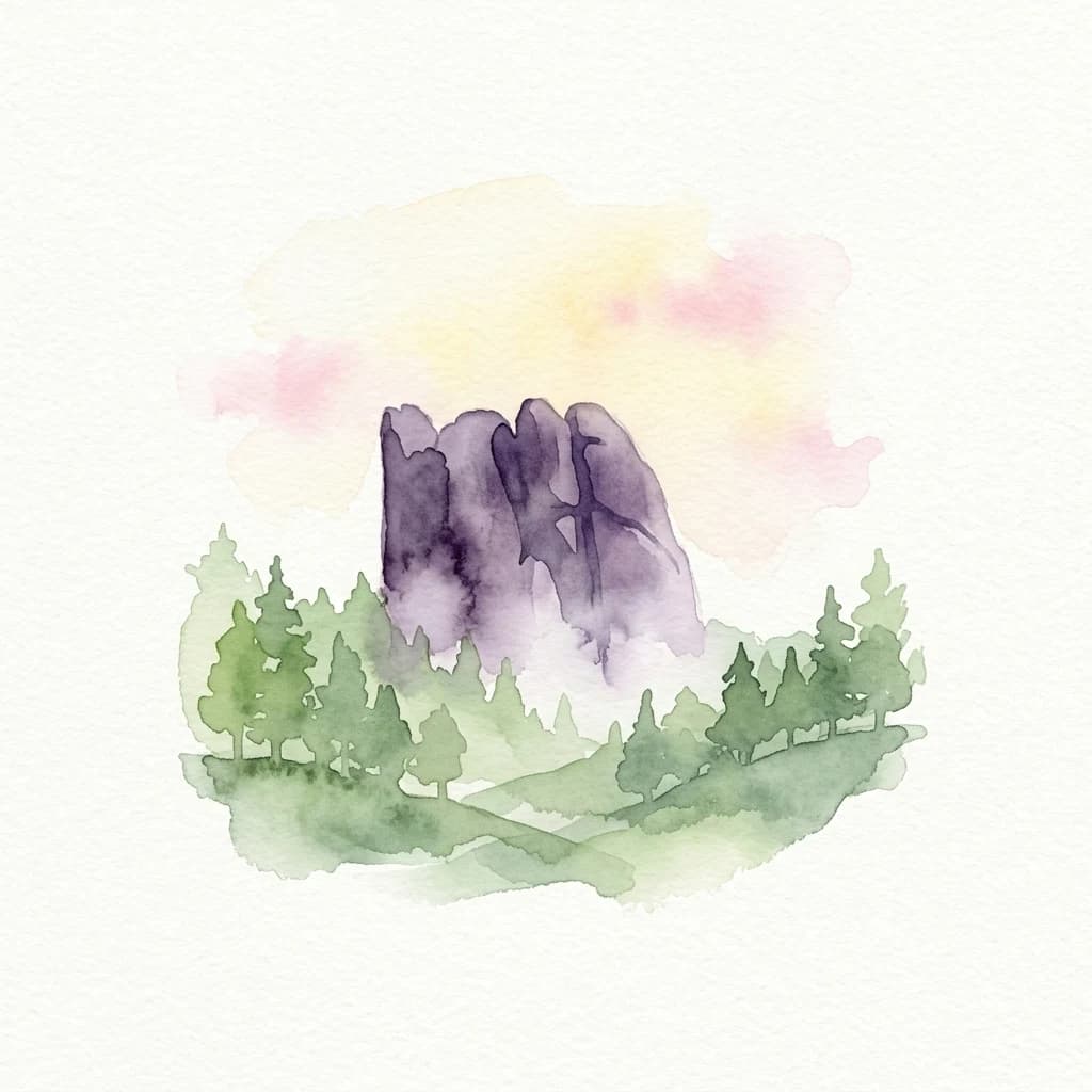 Watercolor illustration showing Krasnoyarsk Pillars rock formations, green coniferous trees, and a pastel sky with pink and yellow hues
