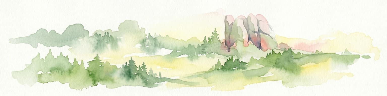 Watercolor painting showing pinkish rock pillars, green forests, and distant mountains in a landscape