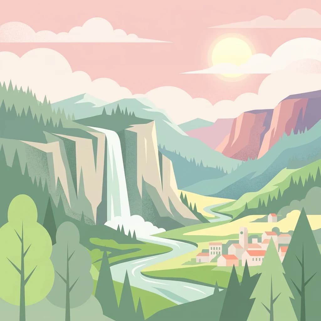 Illustration showing mountains with a waterfall, river, forest, and small settlement under a pink sky with sun and clouds