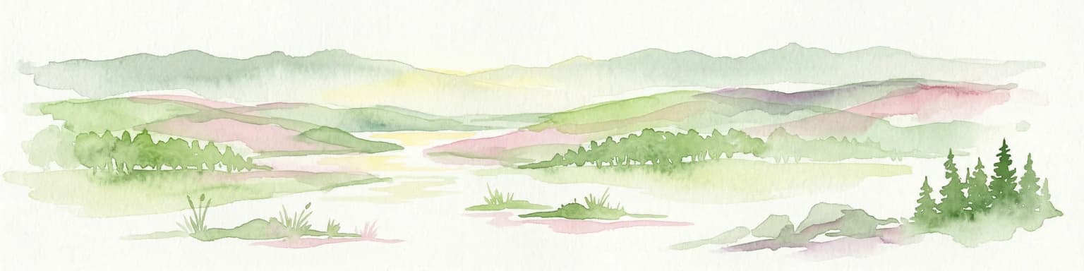Watercolor illustration of a landscape with rolling hills, a river, scattered trees, and distant mountains.