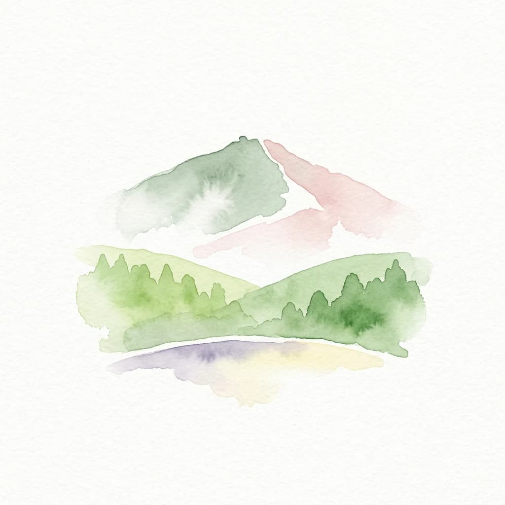 Watercolor painting of mountains with forested slopes and a lake
