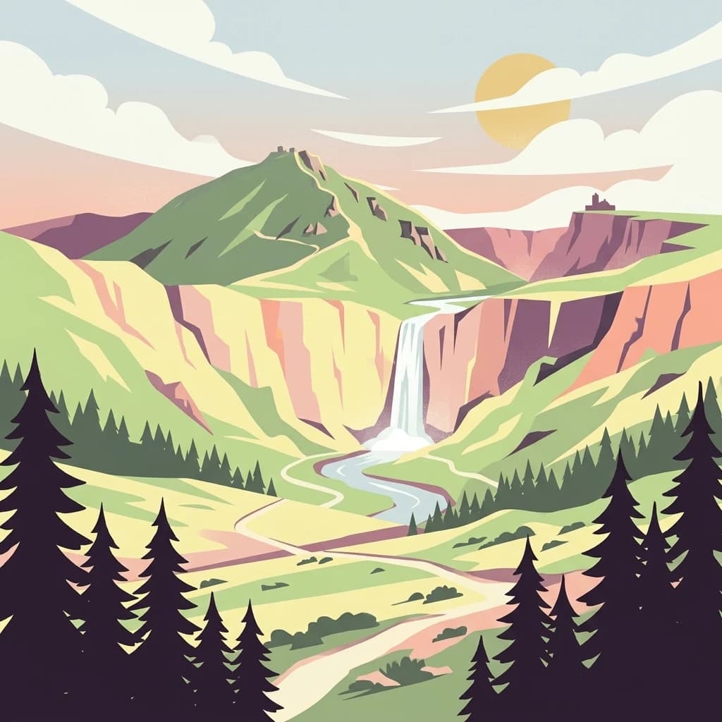 Illustration of a mountain landscape with waterfall, river, forests, and mountains under a sunlit sky