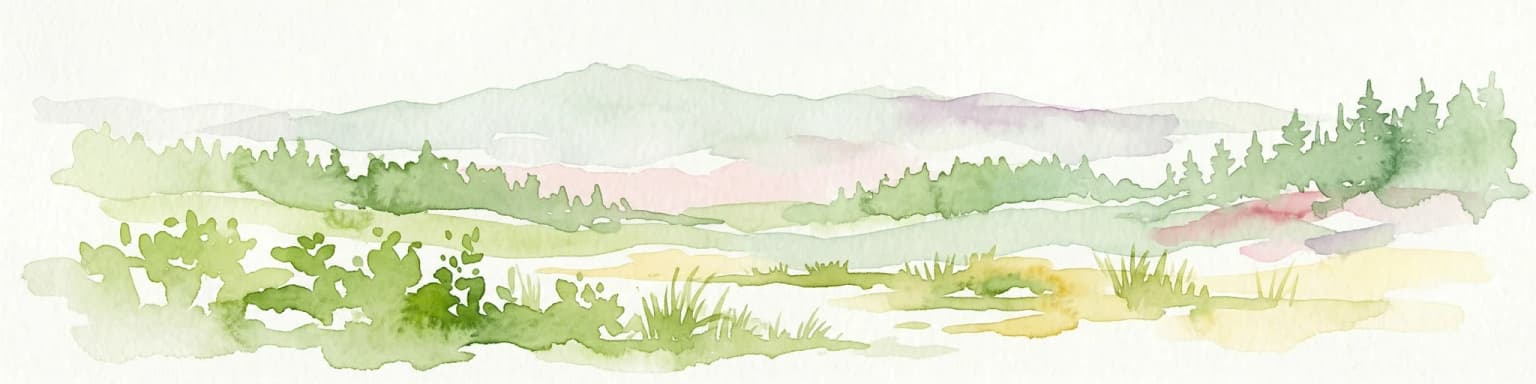 Watercolor painting showing green forests, a valley, and distant mountains under a soft sky
