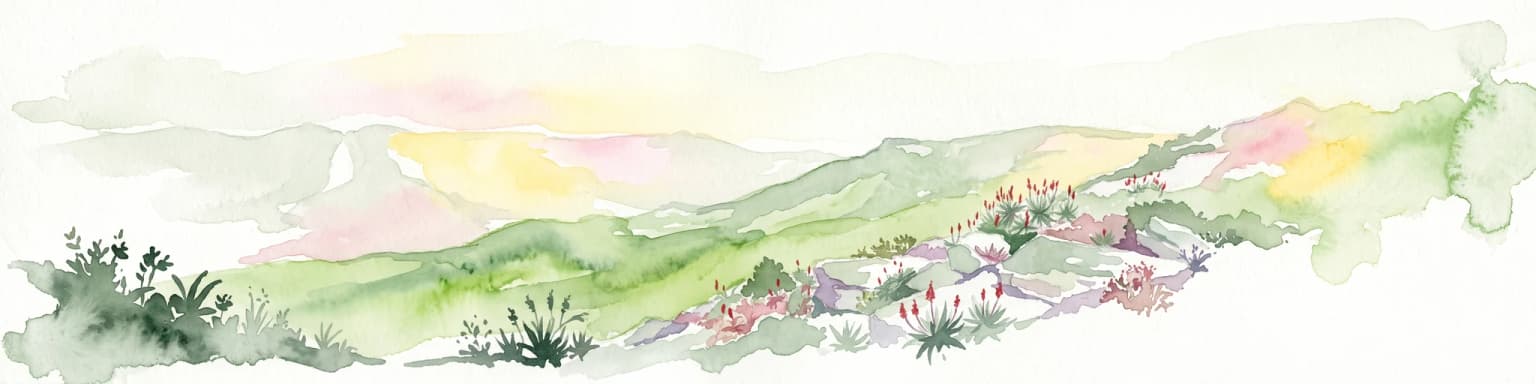 A soft watercolor illustration showing rolling green hills with sparse native vegetation, set against a pale, warm-toned horizon.