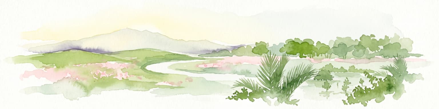 A watercolor painting showing a winding river flowing through green wetlands and forests with distant rolling hills.