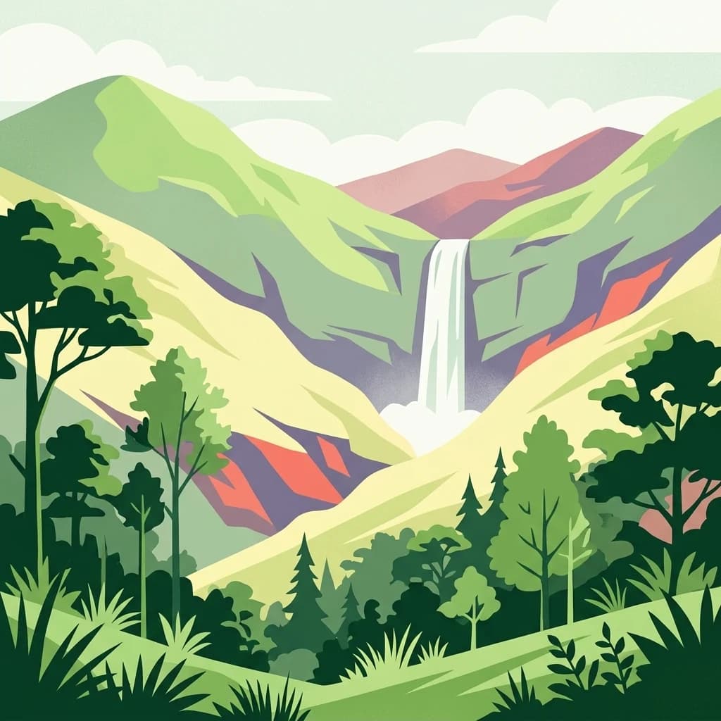 Ilustración de montañas verdes con una cascada en un valle, rodeado de vegetación forestal