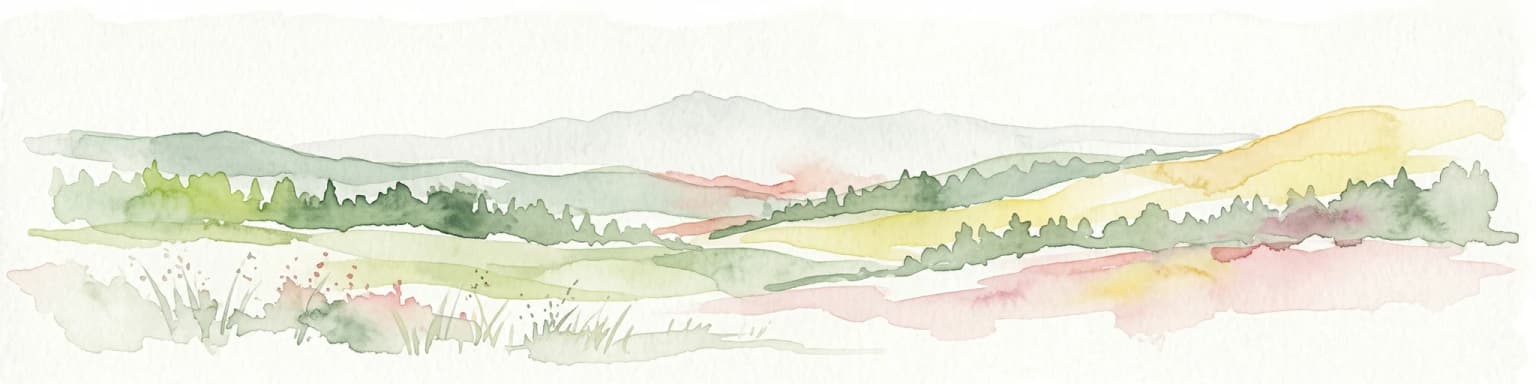 Pintura de acuarela que muestra un paisaje con colinas onduladas, bosques y montañas lejanas