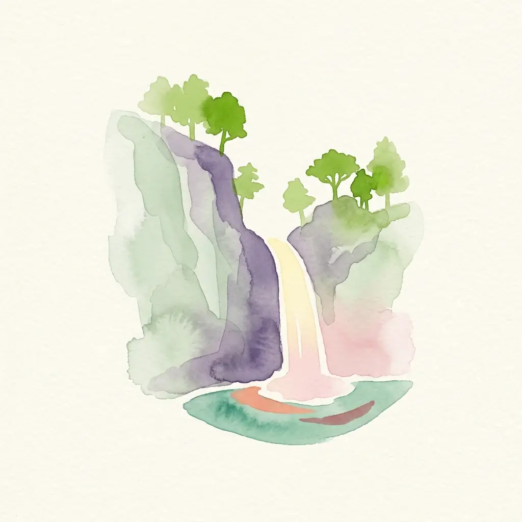 Watercolor illustration of a waterfall with mountains and trees