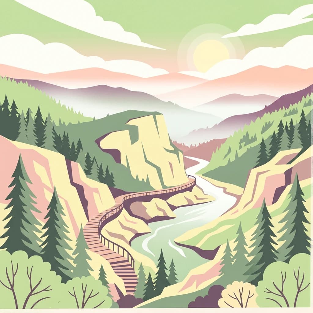 Stylized illustration of a river flowing through mountainous landscape with forested cliffs and staircase path