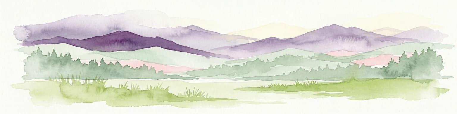 Watercolor illustration depicting mountain ranges, green forests, and a valley with a body of water