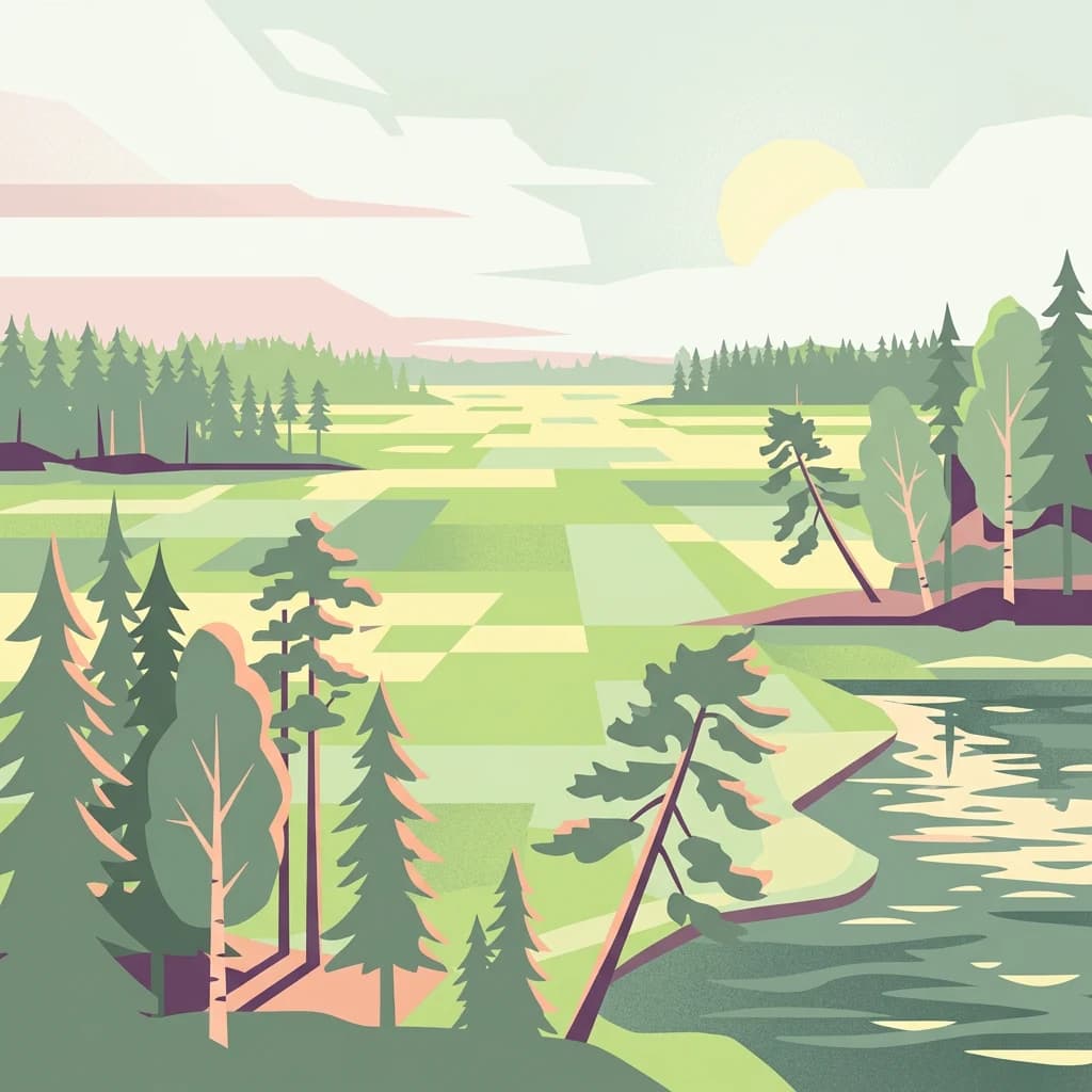 Stylized illustration of a forested landscape with a river, fields, and a setting sun.