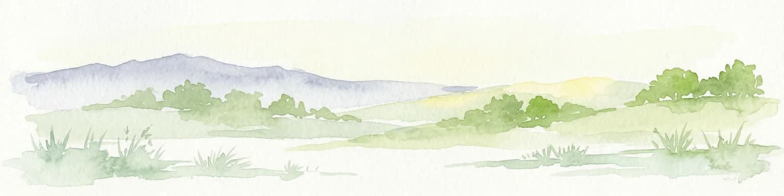 Watercolor painting showing green hills, trees, and a stream in a landscape