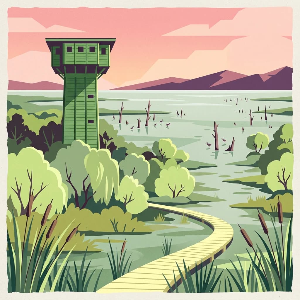 Stylized illustration of a green observation tower in a wetland, wooden boardwalk winding through water and reeds, surrounded by trees and distant mountains under a pink sky