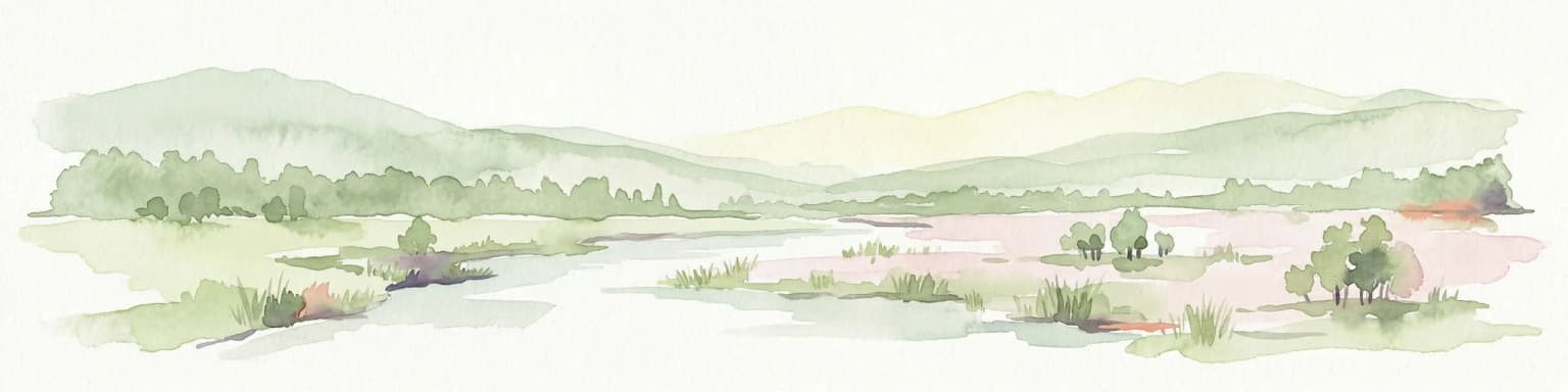 Watercolor illustration of a river, green fields, trees, and distant hills