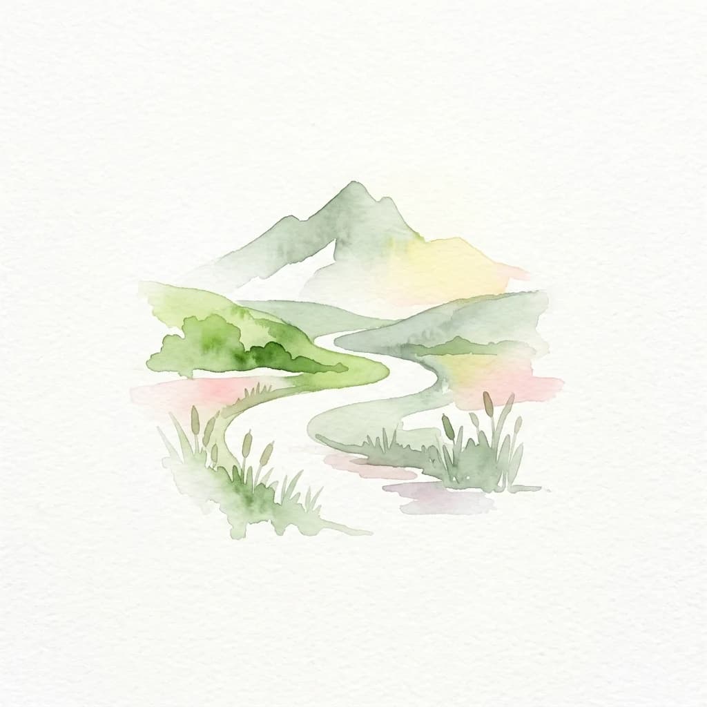 Watercolor illustration of a winding river through green terrain with mountains in the background