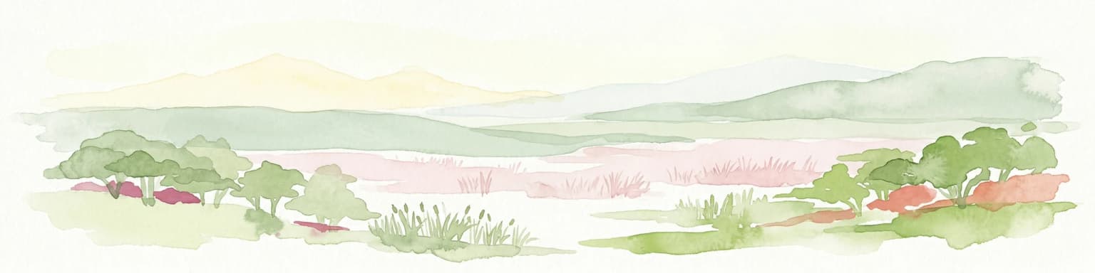 Watercolor painting of a wetland landscape with reeds, trees, and distant hills