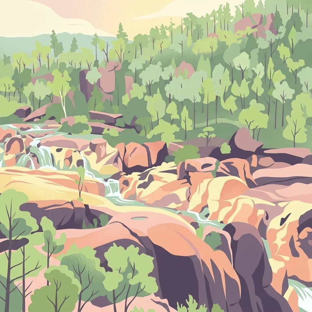 Illustration of a river flowing through rocky terrain with waterfalls, surrounded by green trees and forested hills