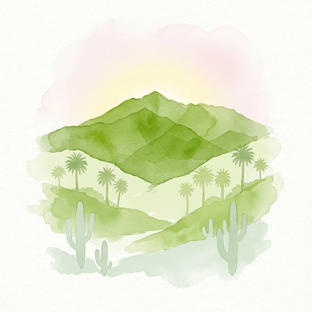 Watercolor illustration of a mountain range with palm trees and cacti under a soft pink and yellow sky