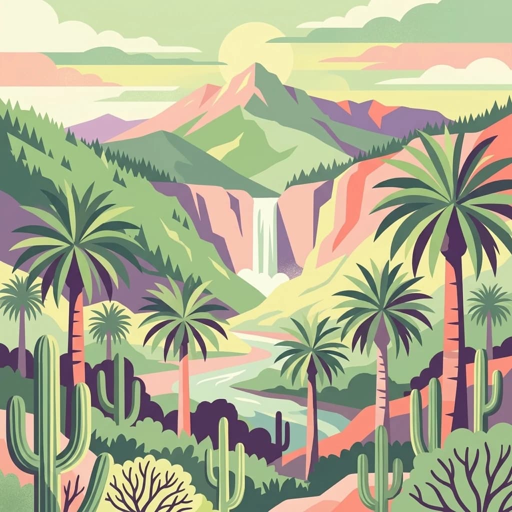 Illustration showing palm trees, cacti, a waterfall, and mountains
