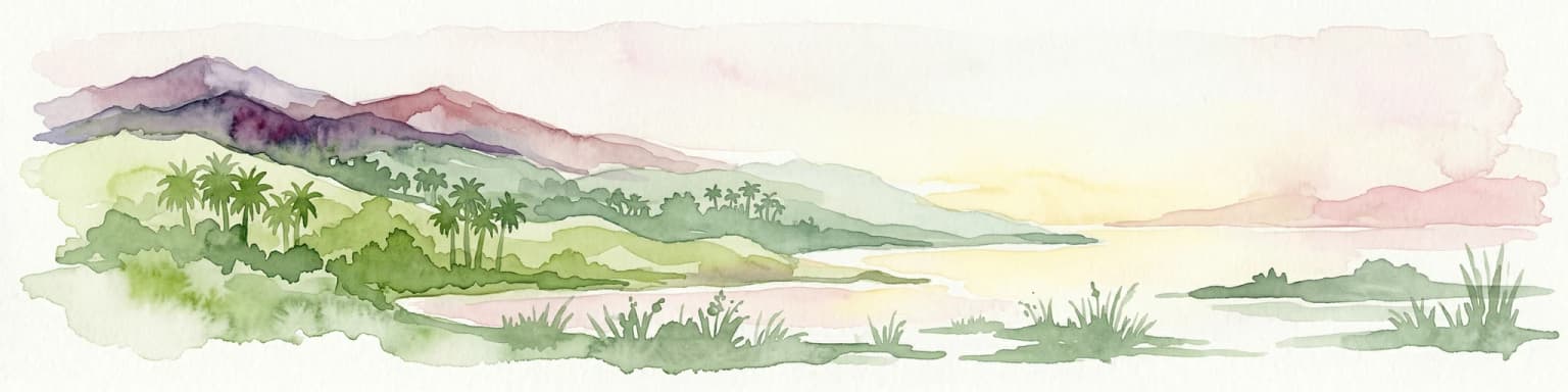 Pintura de acuarela de un paisaje costero con palmeras, montañas y una masa de agua