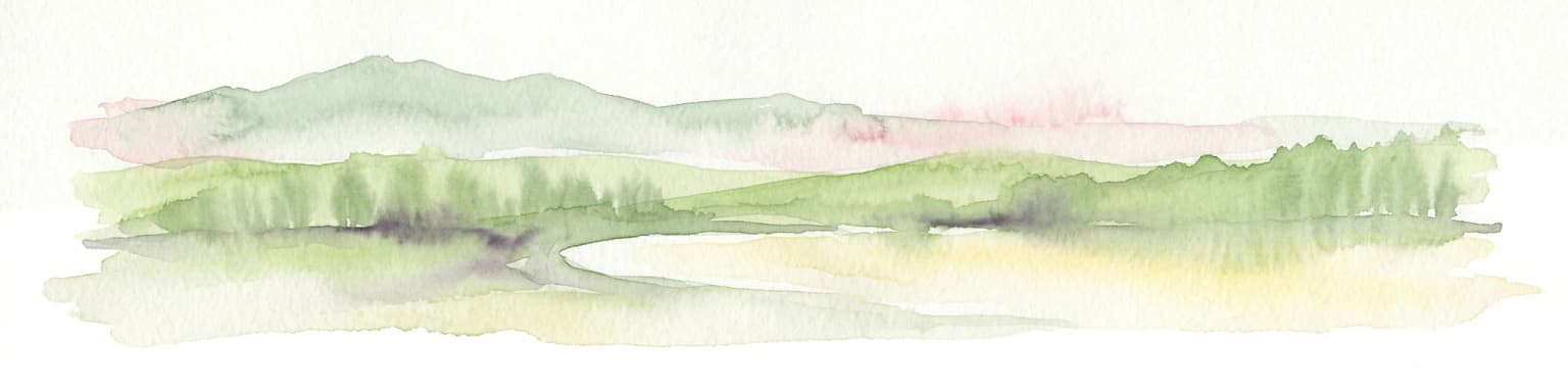 Watercolor painting of a lake with green hills and trees in the background